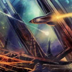 Rocketship over alien world